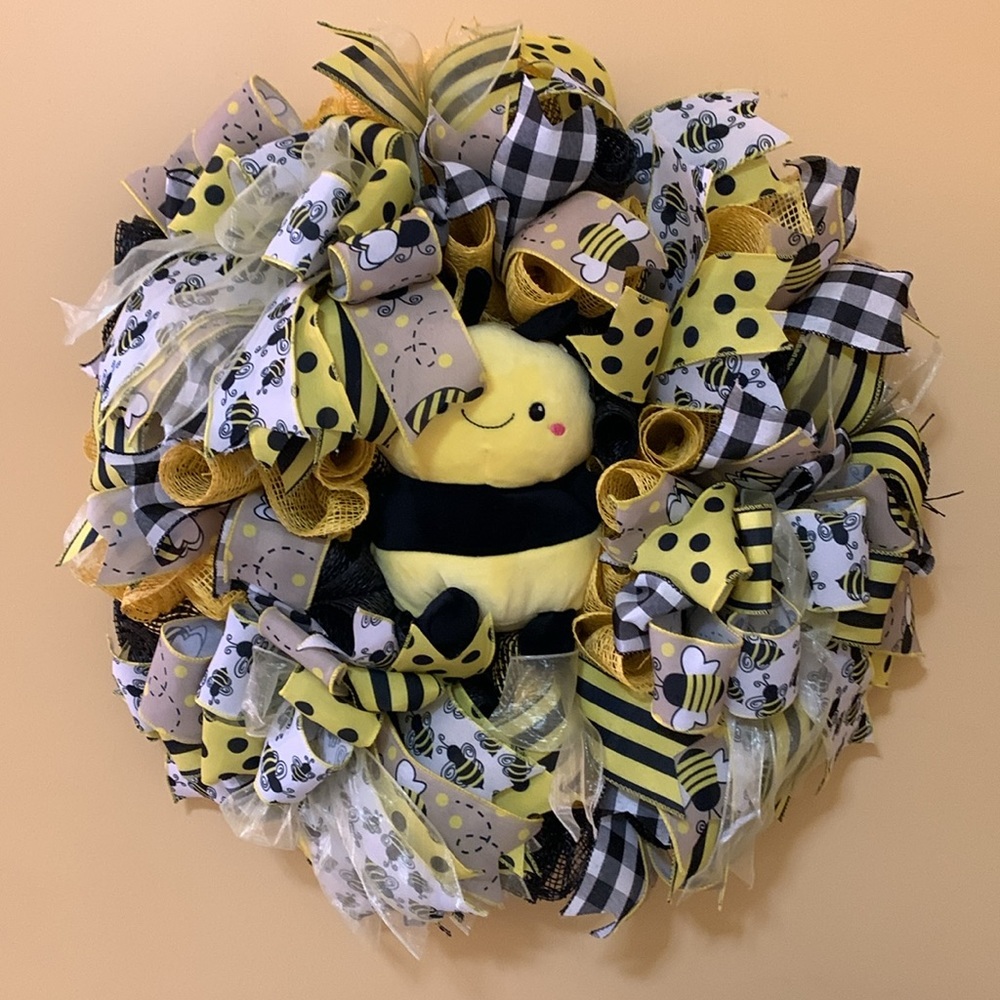 Spring/Summer Bumble Bee Ribbon Wreath with Bumble Bee Plush Handmade